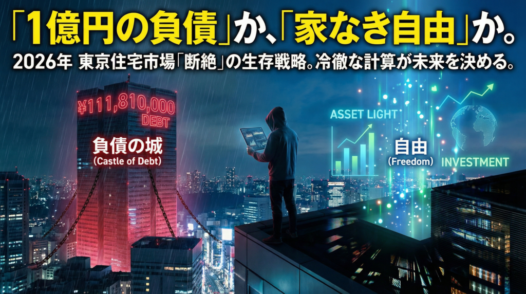 負債の城と投資による自由を対比させた2026年の東京のサイバーパンクなイメージ画像