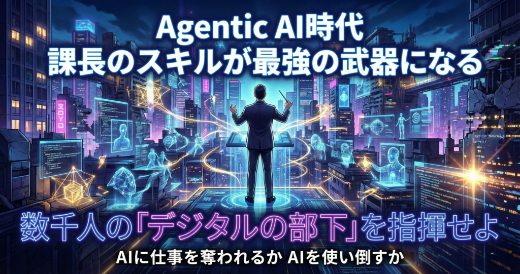 サイバーパンクな都市でホログラムのAIエージェントを指揮する指揮官の背中。Agentic AI時代の管理職スキルを象徴。
