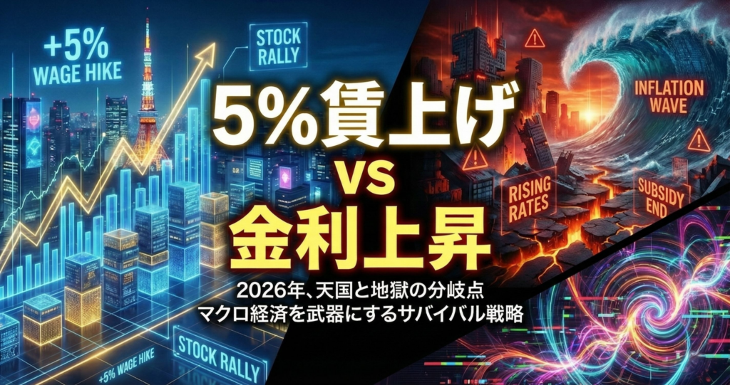 2026年の日本経済における5パーセントの賃上げと金利上昇の対立を描いたサイバーパンク調のアイキャッチ画像