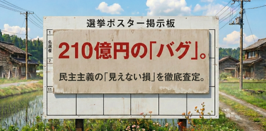 選挙ポスター掲示板に210億円のバグと記された民主主義のコストを問うメインビジュアル